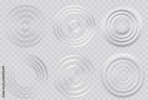 Water ripple effect top view set. Realistic caustic drop or sound wave splash effects, concentric circles in puddle.  set round wave surfaces on transparent background