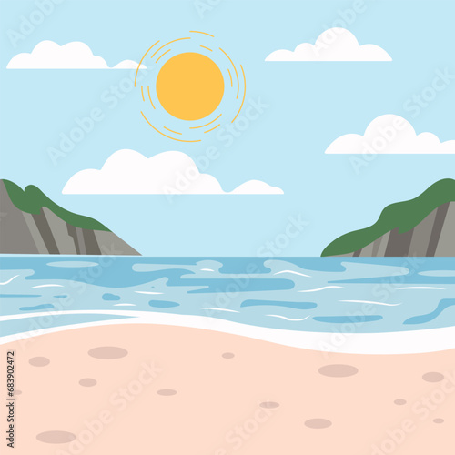 Tropical landscape of coast beautiful sea shore beach on good sunny day. Vector illustration in flat style for poster, party holiday invitation, festive banner, card.