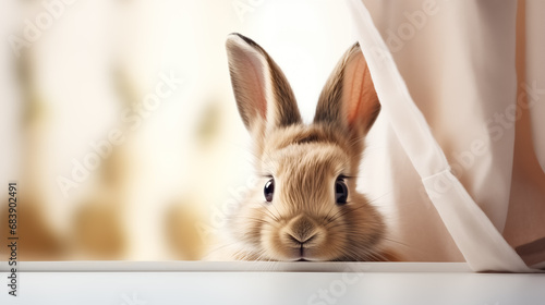Ein junger Hase schaut neugierig über ein weißes Brett neben einem beigen Vorhang. Osterhintergrund