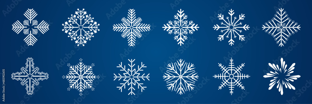 Set of Snowflake symbol, icon, logo for design Christmas vector, Snowflake group on isolated blue background, illustration element collection Set of Snowflake symbol, icon, logo for design Christmas vector, Snowflake group on isolated blue background, illustration element collection
