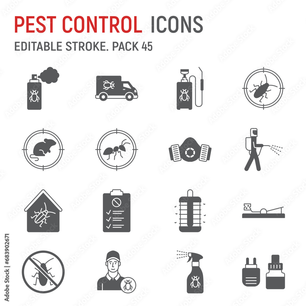 Pest control glyph icon set, extermination collection, vector graphics, logo illustrations, pest control service vector icons, insect signs, solid pictograms, editable stroke Pest control glyph icon set, extermination collection, vector graphics, logo illustrations, pest control service vector icons, insect signs, solid pictograms, editable stroke