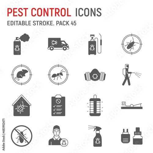 Pest control glyph icon set, extermination collection, vector graphics, logo illustrations, pest control service vector icons, insect signs, solid pictograms, editable stroke