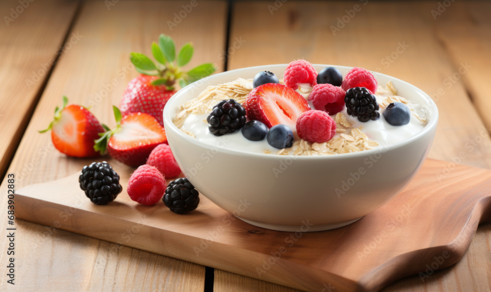 A bowl of creamy yoghurt with fresh berries and oats on a wooden table.