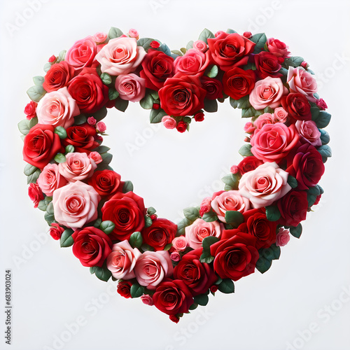 Romantic Red and Pink Roses in Heart Shape Arrangement with Green Leaves on White Background - Concept of Love  Valentine s Day  and Floral Passion