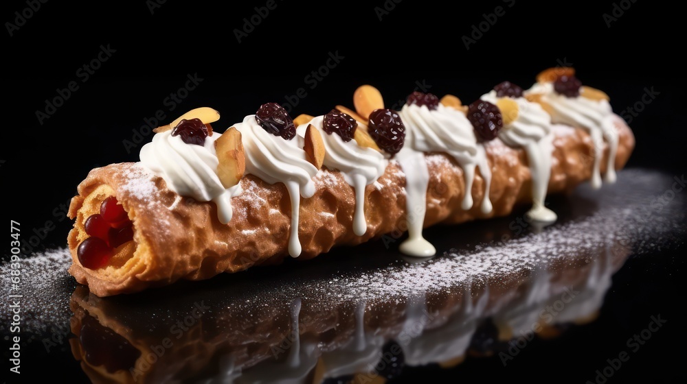 delicious traditional italian cannoli  on black reflected surface  with powdered sugar 