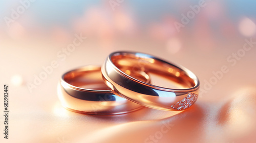 gold wedding rings and a place for text. marriage background. copy space. photo