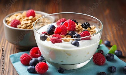 A clear bowl of yogurt with mixed berries, peach, and oats on a pale backdrop.