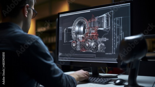 specialist discussing 3d cad software on desktop computer with prototype jet engine project – close-up view of monitor screen and engaged hands photo