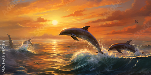dolphins diamond drawing of jumping aquatic ,sky sea sunrise  © Shahidah