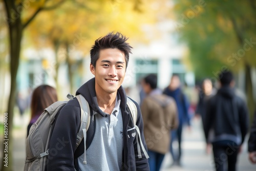 Young Asian refugee carrying a backpack on it, standing in front of the entrance to a European study center, Diverse students passing by, carrying books and backpacks on their shoulders photo