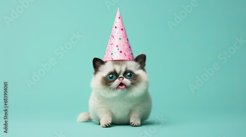 Fat fluffy Siamese kitten wearing a cone hat on a light green pastel background with space for text