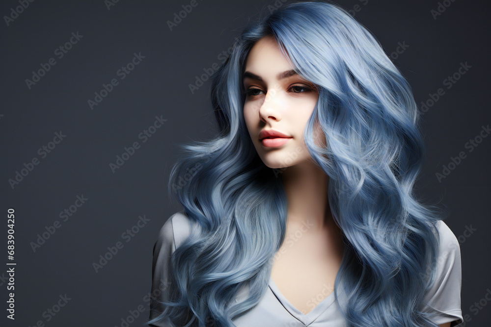 Woman with lively blue hair on a gray background,ai generated Woman with lively blue hair on a gray background,ai generated