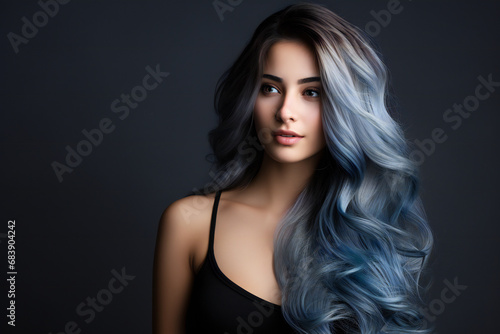 Wallpaper Mural Woman with lively blue hair on a gray background,ai generated Torontodigital.ca