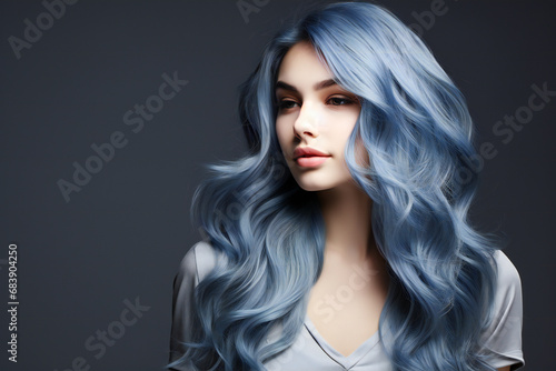 Woman with lively blue hair on a gray background,ai generated