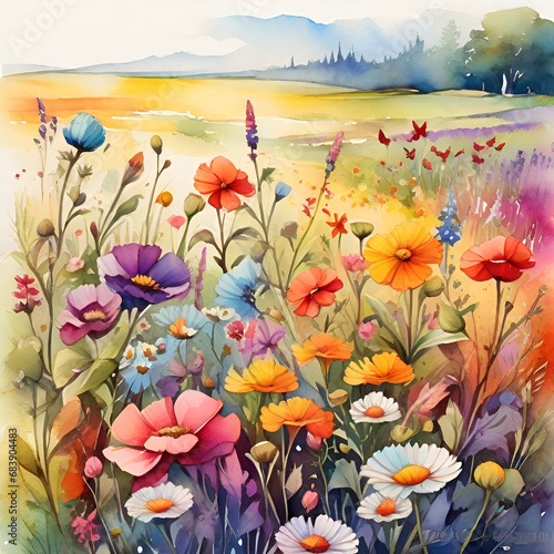 Wildflower field watercolor painting, generative ai