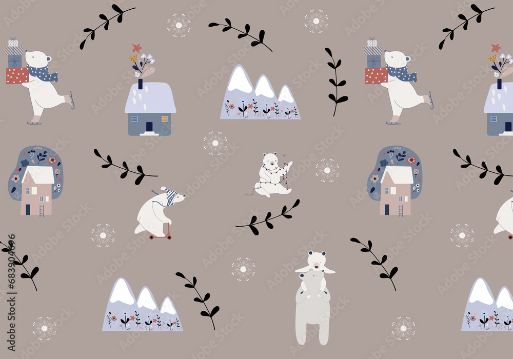 Naklejka premium Hand drawn cute polar bears. Merry Christmas seamless pattern. 