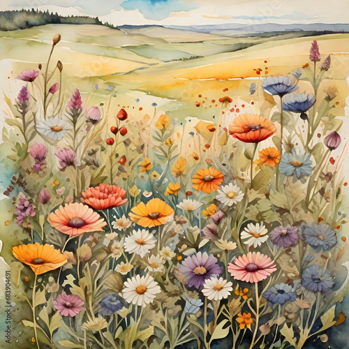 Wildflower field watercolor painting, generative ai