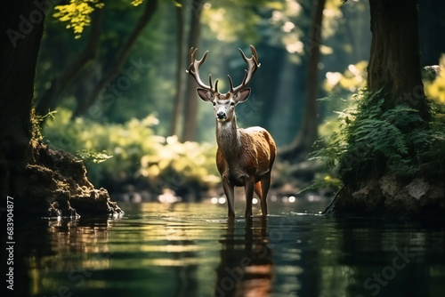 Beautiful deer in the forest with river,ai generated
