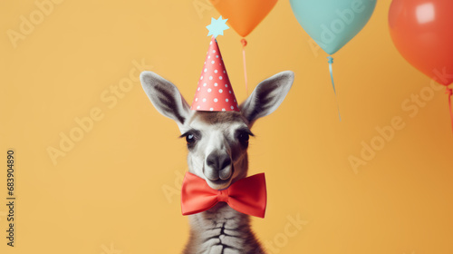 Cute kangaroo in a party hat and bowtie costume on yellow background