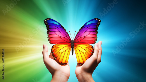 ADHD concept, rainbow butterfly in hands. ADHD is Attention deficit hyperactivity disorder