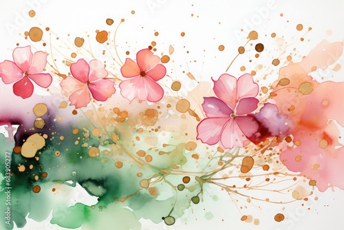 ink watercolor flowers green, pink and sparkling gold splashes, clip art, white background
