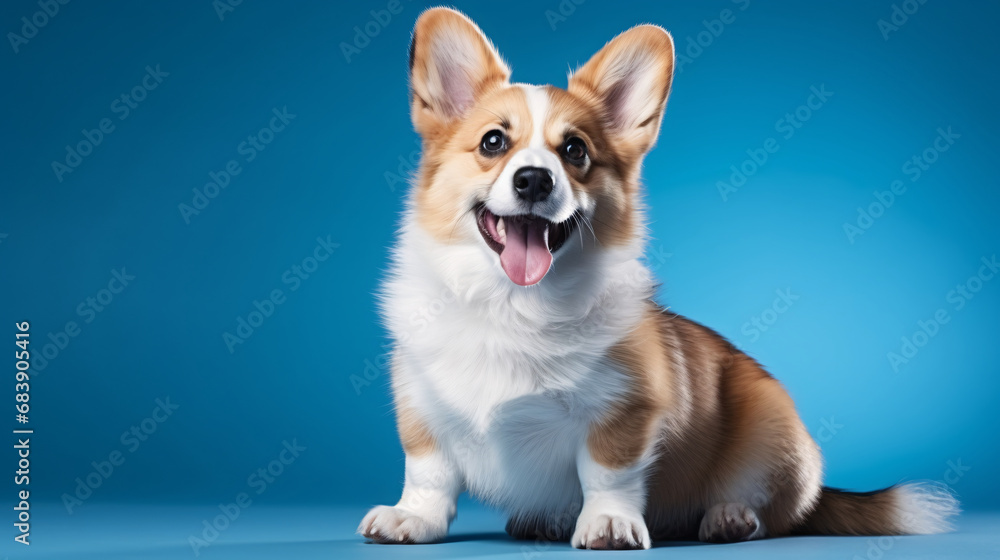 smiling welsh corgi pembroke, blue studio background. cheerful dog, adult animal. smiling welsh corgi pembroke, blue studio background. cheerful dog, adult animal.