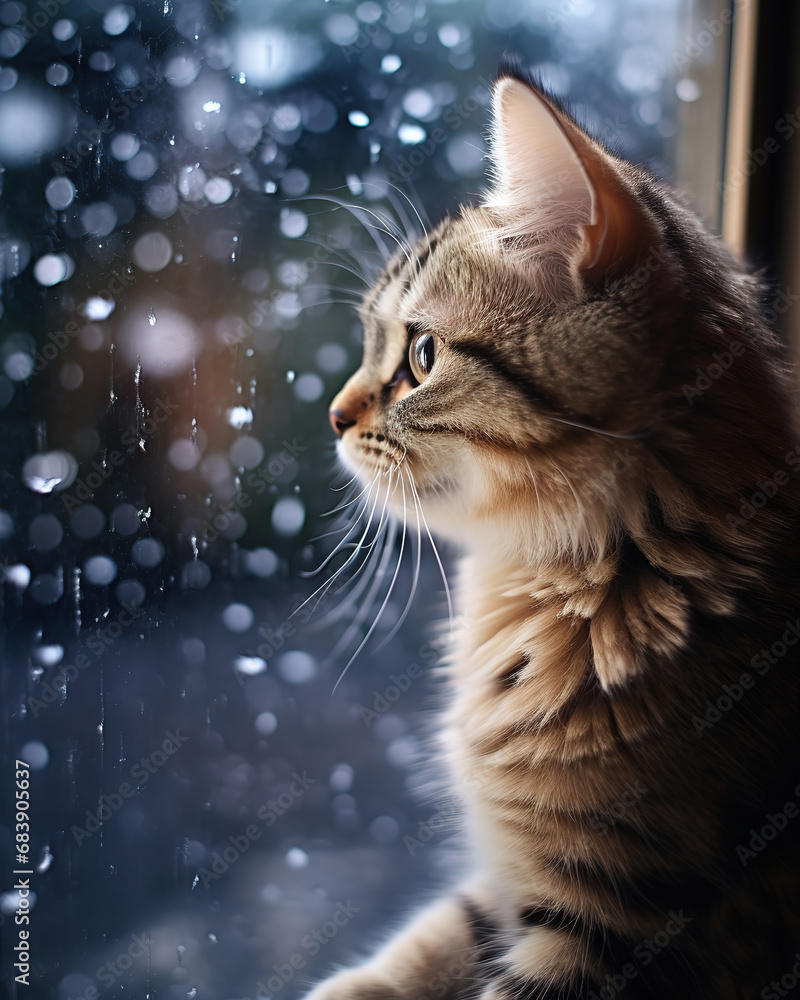 cat looking out a window at falling snow, generative ai 