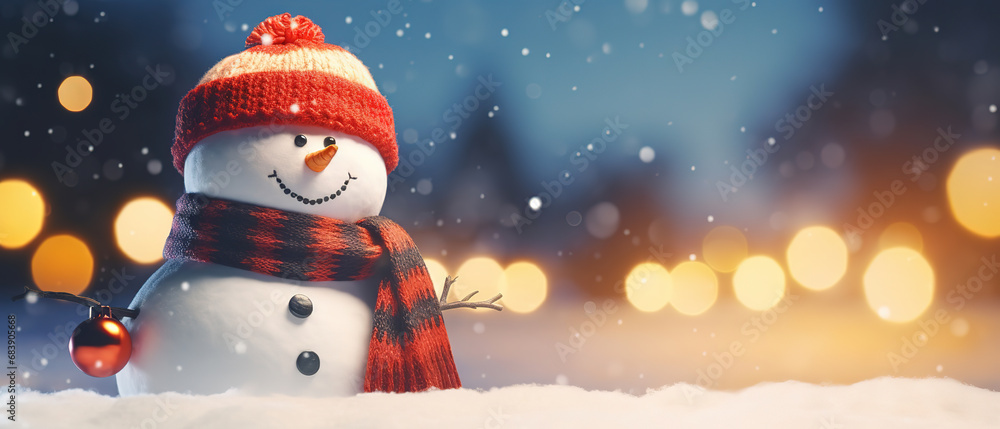 Closeup of cute funny laughing snowman with wool hat and scarf, on snowy snow snowscape with bokeh lights, generative ai Closeup of cute funny laughing snowman with wool hat and scarf, on snowy snow snowscape with bokeh lights, generative ai