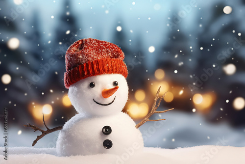 Closeup of cute funny laughing snowman with wool hat and scarf, on snowy snow snowscape with bokeh lights, generative ai  © vvalentine