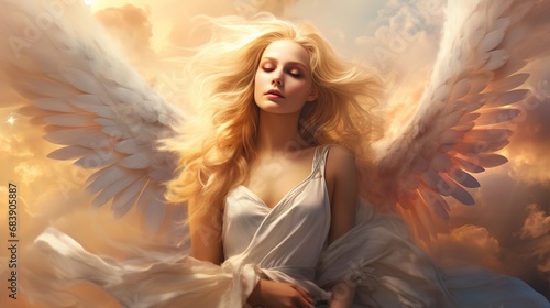 Angel woman with beautiful wings in the heaven, religion concept