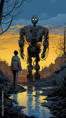 human and giant robot, fantasy art, generative ai 