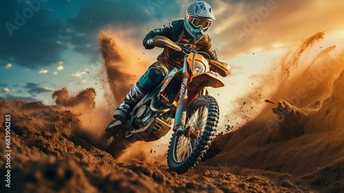A motocross rider kicks up a flurry of dirt and dust as they navigate a thrilling course with skill and agility. photo