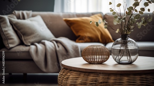 A close-up picture of a table with a decoration on it, a glass vase, candles and glasses.Generative AI.