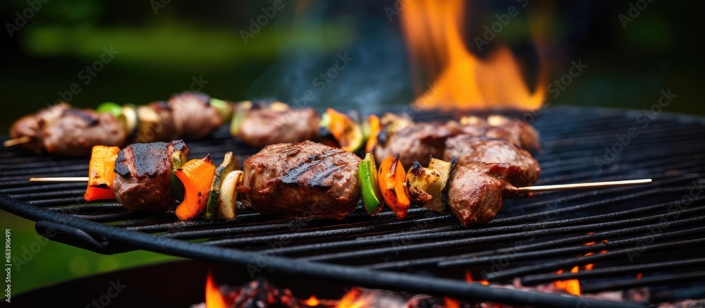 On a summer day, the enticing aroma of grilled meat fills the air as the smoke from the barbecue dances with the flickering fire, while a group of friends enjoy a picnic, savoring their delicious meal