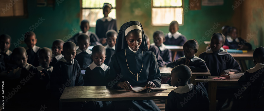 Black African missionary nun, teaching children in poor third world country. Generative AI - obrazy, fototapety, plakaty 