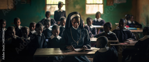 Black African missionary nun, teaching children in poor third world country. Generative AI