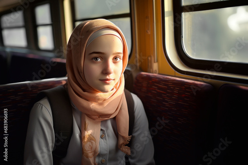 Portrait of a Muslim girl in a hijab with a sad expression on her face, sitting on a bus. Loneliness and a sense of fear of the future. Adaptation of migrants and refugees from the East photo