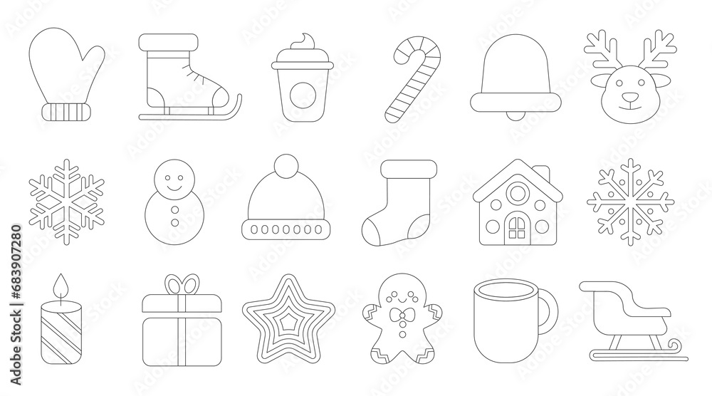 Set of black and white line Christmas icons. Vector illustration. Winter icons with white background. Collection of symbols outlines.