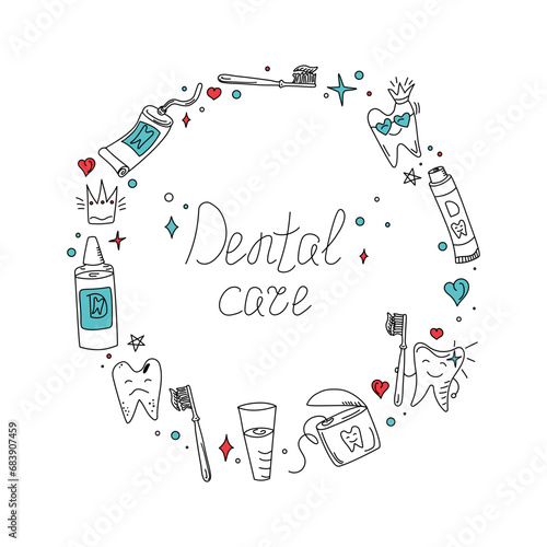 Round border frame. Hand drawn dental vector set. Toothpaste, cartoon tooth, dental floss, toothbrush in doodle style. Dental care. Healthy tooth and diseased tooth. Products for dentistry, hygiene.