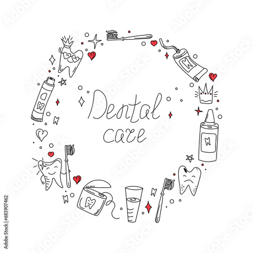 Round border frame. Hand drawn dental vector set. Toothpaste, cartoon tooth, dental floss and toothbrush in doodle style. Dental care. Healthy tooth and diseased tooth, hygiene and dental health.