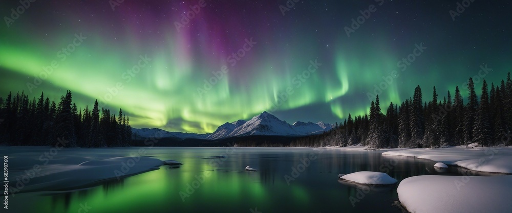 A stunning display of the northern lights over a peaceful snowy landscape, a symphony of color 