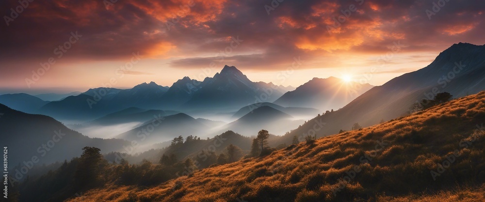 The first light of sunrise peeking through a misty mountain pass, illuminating the peaks and valleys
