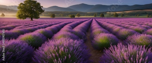 An expansive lavender field with a solitary oak tree, the purple hues contrasting with the green