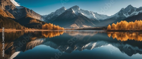 Shoot a panoramic view of a majestic mountain range under a clear blue sky, with a mirror-like lake