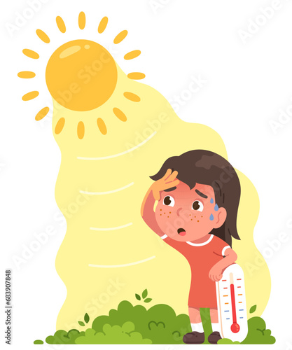 Person suffering from summer sun heat. Sad girl child sweating under hot sunlight, high temperature on thermometer. Heat stroke risk, health care, sunny weather concept flat vector illustration