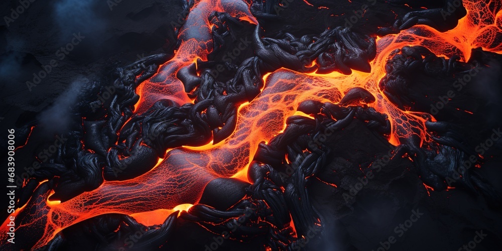 Aerial view to flowing lava from the volcano, amazing nature concept