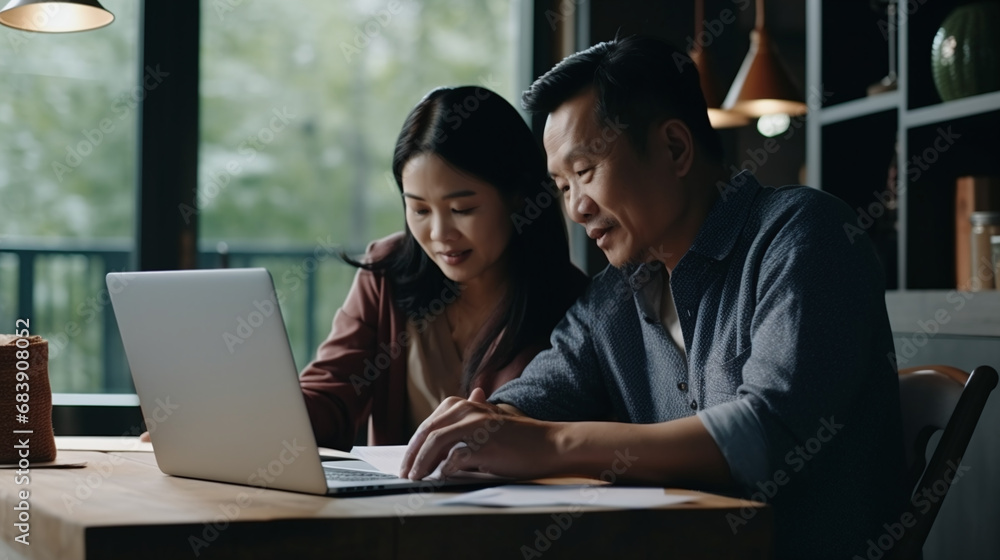 Professional Asian Man and Woman Working Together on Laptop in Modern Office Setting Professional Asian Man and Woman Working Together on Laptop in Modern Office Setting