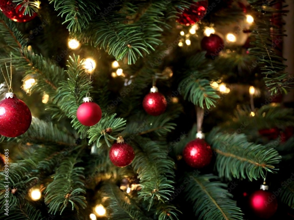 Beautiful Christmas tree with golden balls and garlands, closeup