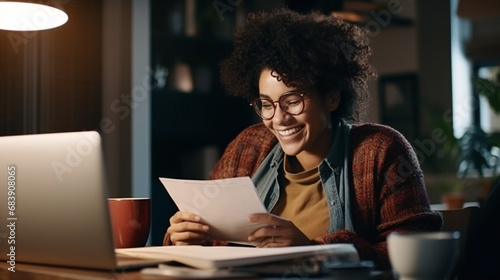 Smiling Young Woman Enjoying Reading a Document in Cozy Home Office Setup with Laptop and Warm Lighting