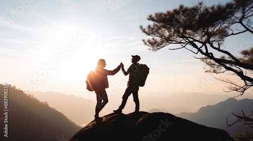Silhouetted Hikers Helping Each Other on Mountain Peak at Sunset with Majestic Landscape View © Kiss